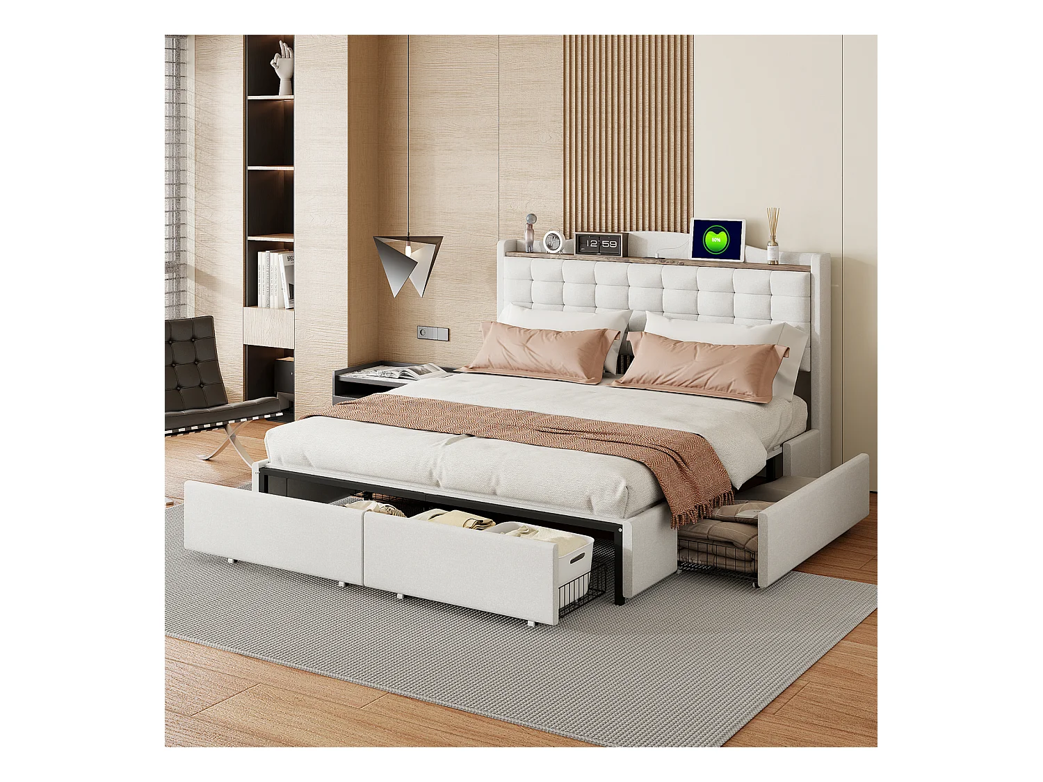 Cama 160 x 200 cm com arrumação e tomada USB - Estrutura com 4 gavetas e estrado de ripas, Bege