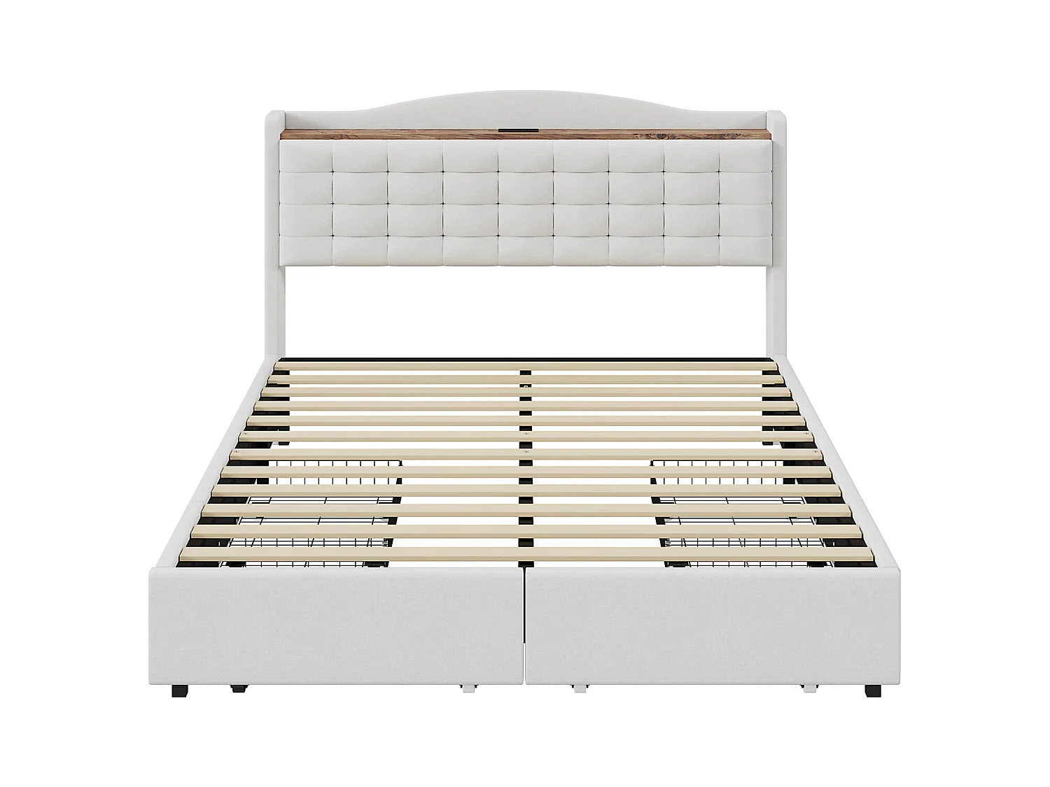 Cama 160 x 200 cm com arrumação e tomada USB - Estrutura com 4 gavetas e estrado de ripas, Bege