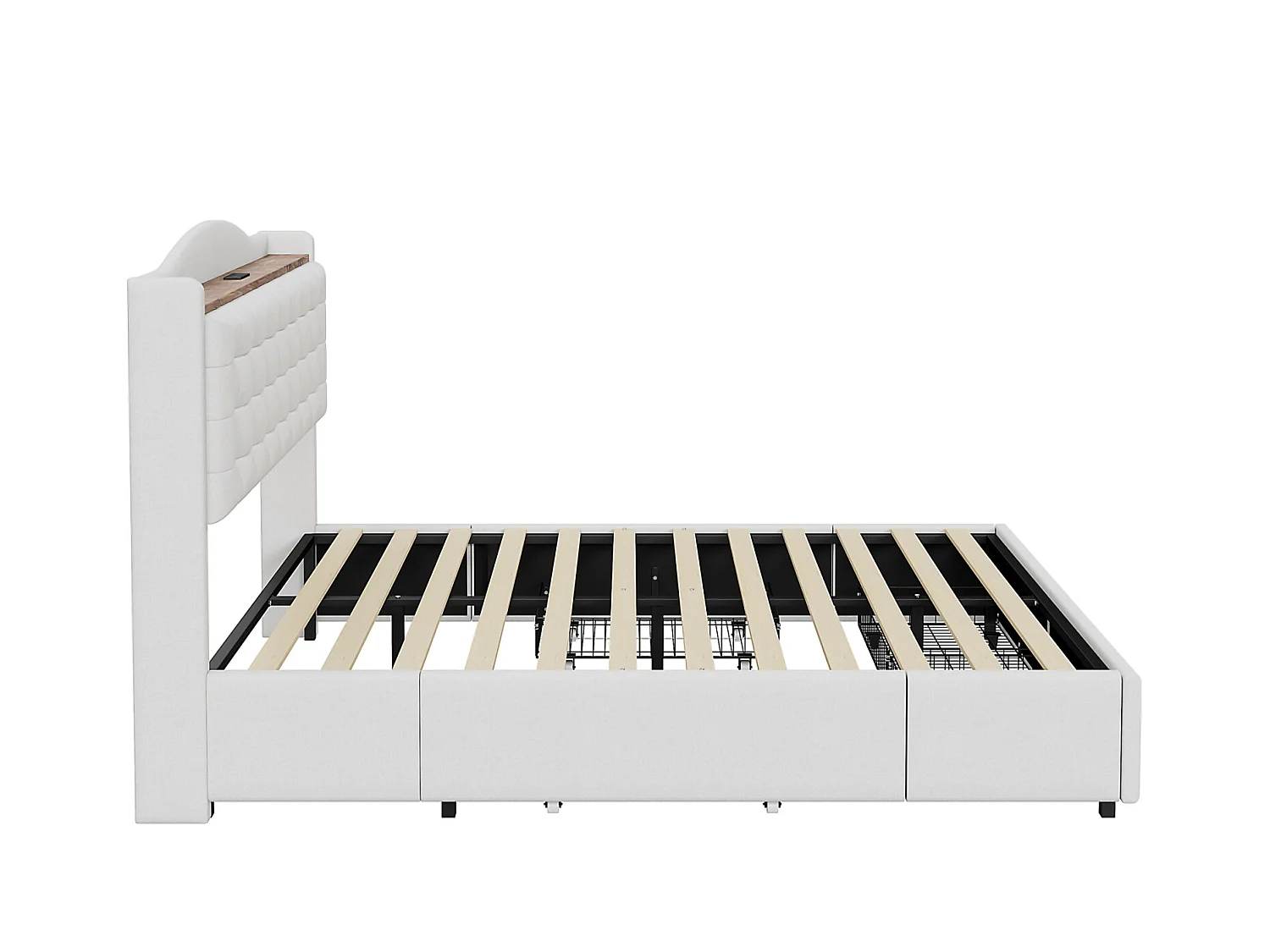 Cama 160 x 200 cm com arrumação e tomada USB - Estrutura com 4 gavetas e estrado de ripas, Bege