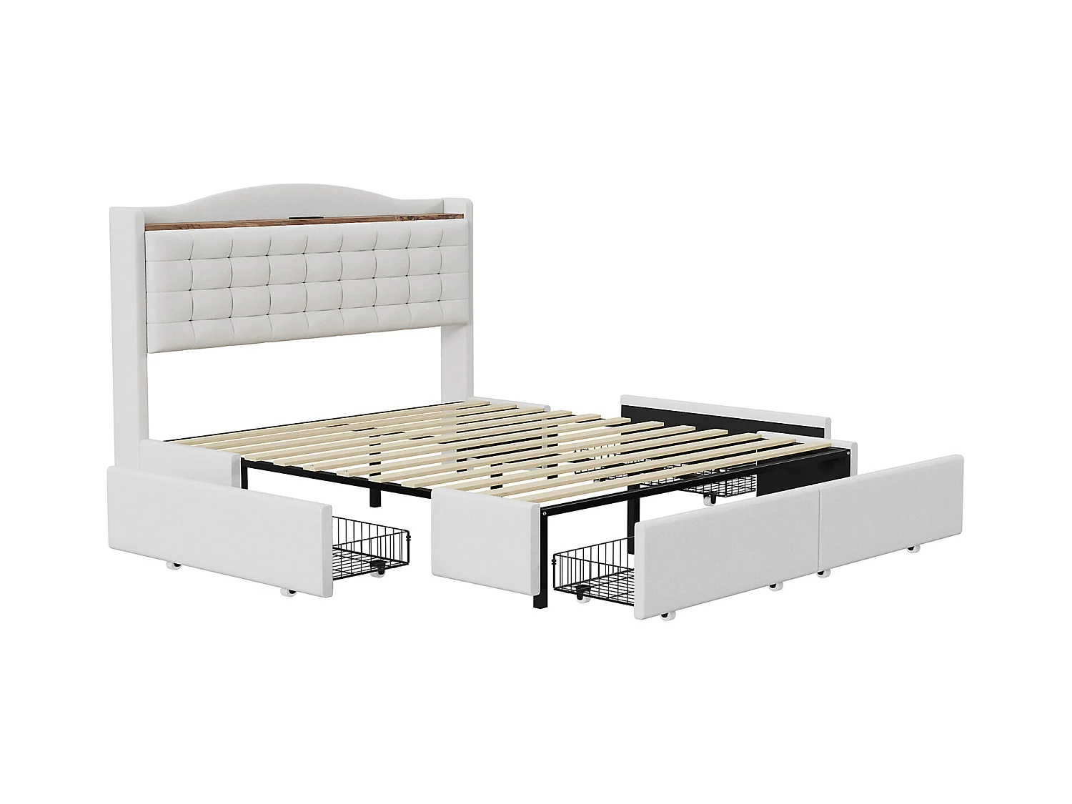 Cama 160 x 200 cm com arrumação e tomada USB - Estrutura com 4 gavetas e estrado de ripas, Bege