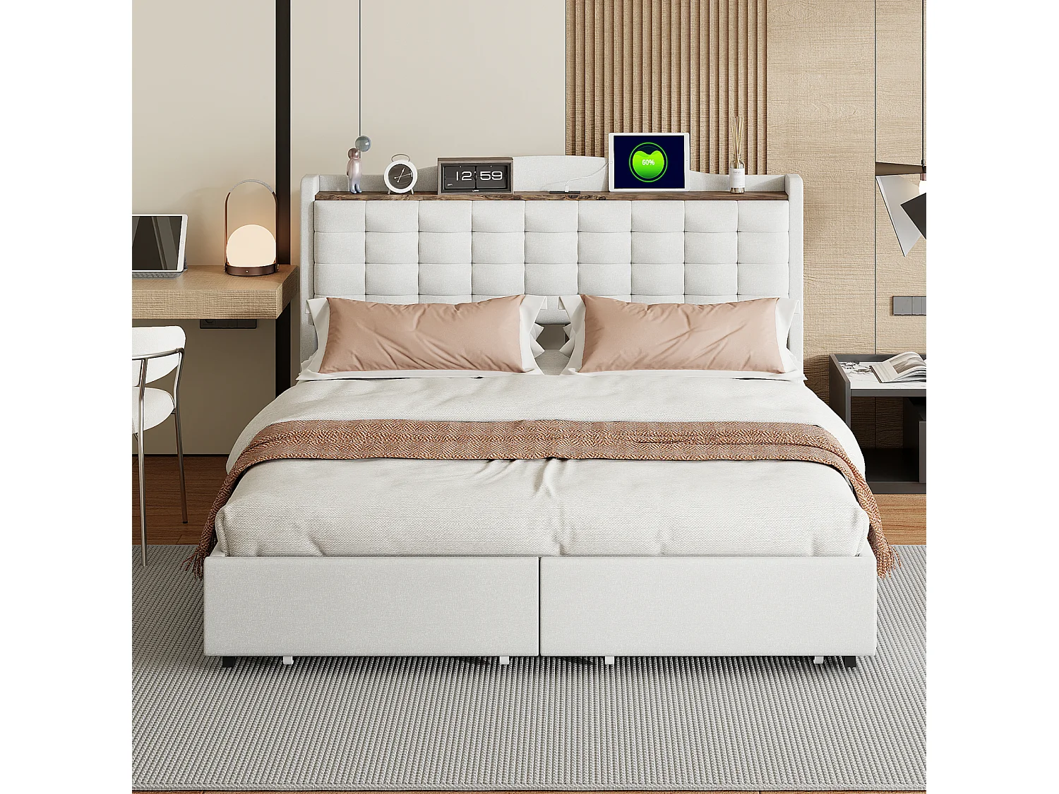 Lit 160 x 200 cm Avec Rangement et USB Prise - Cadre Avec 4 Tiroirs et Sommier à Lattes, Beige