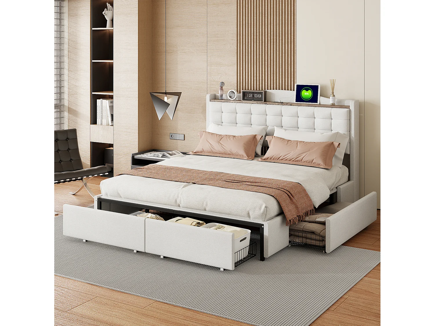 Lit 160 x 200 cm Avec Rangement et USB Prise - Cadre Avec 4 Tiroirs et Sommier à Lattes, Beige