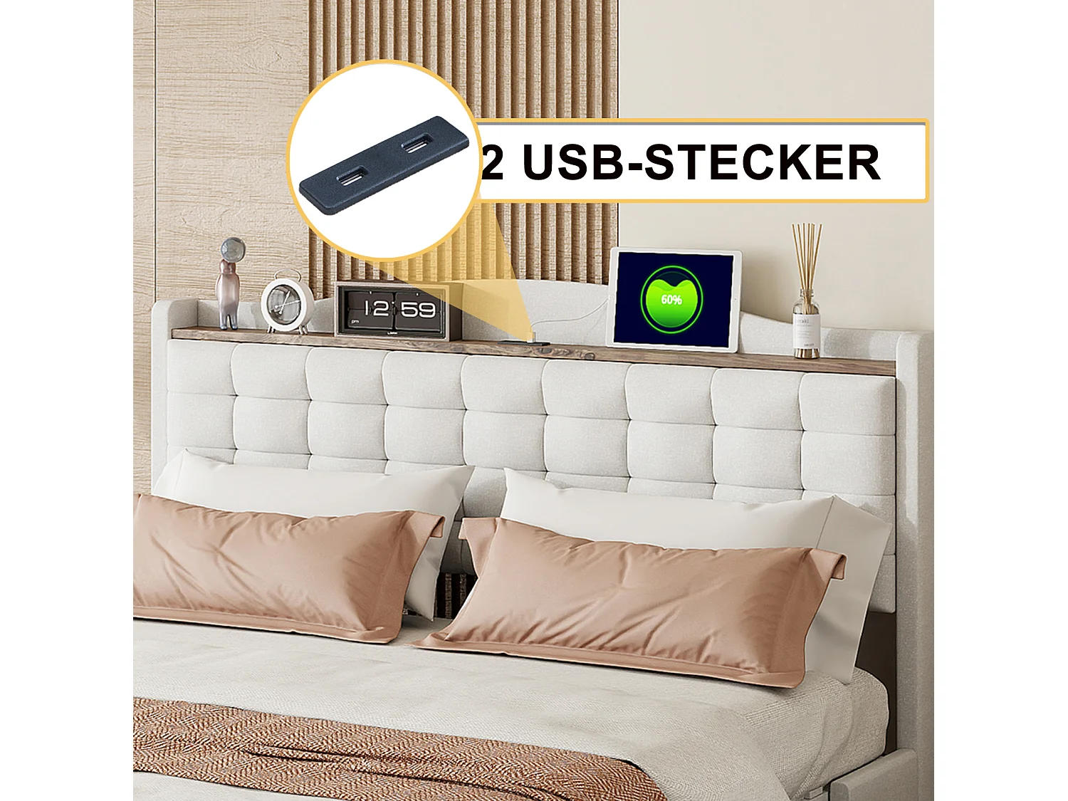 Lit 160 x 200 cm Avec Rangement et USB Prise - Cadre Avec 4 Tiroirs et Sommier à Lattes, Beige