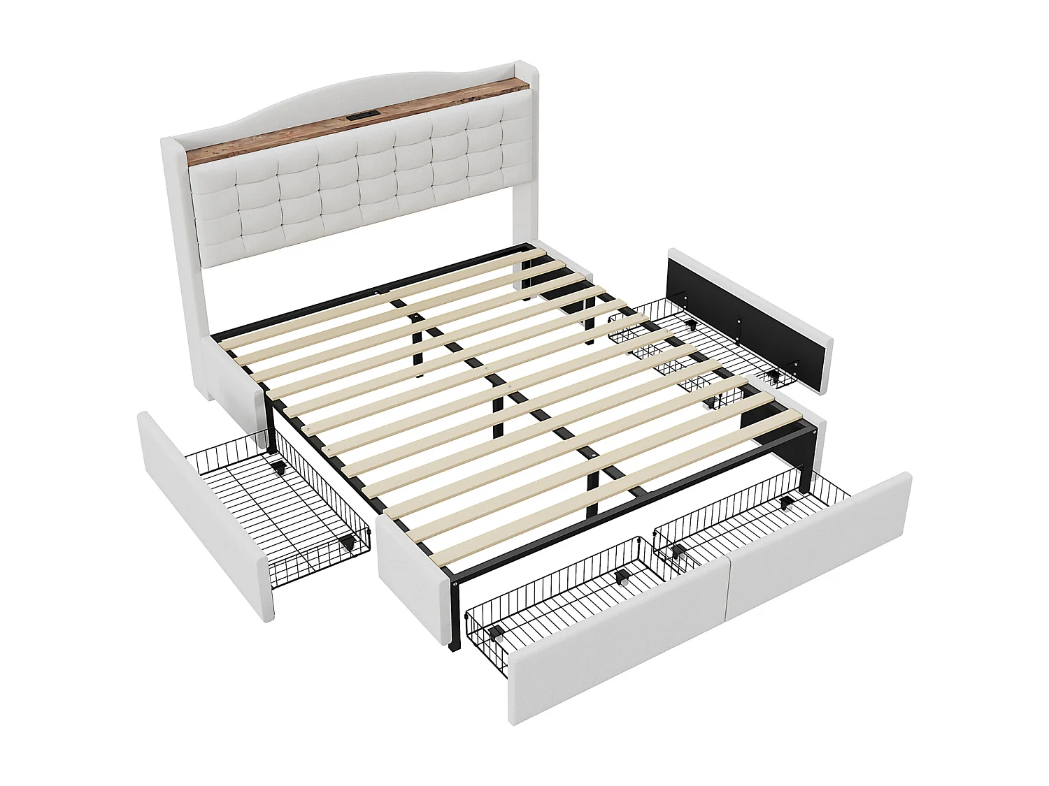 Lit 160 x 200 cm Avec Rangement et USB Prise - Cadre Avec 4 Tiroirs et Sommier à Lattes, Beige
