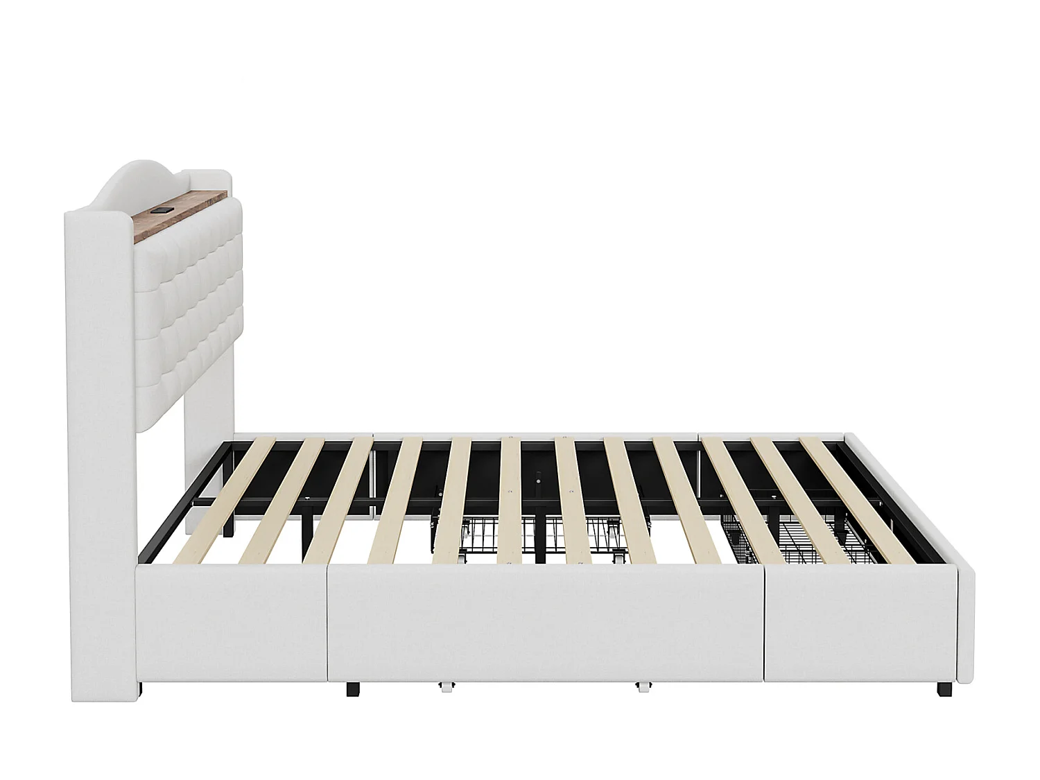 Lit 160 x 200 cm Avec Rangement et USB Prise - Cadre Avec 4 Tiroirs et Sommier à Lattes, Beige