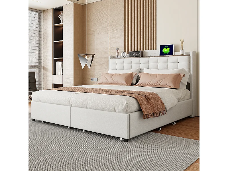 Bed 160 x 200 cm met opbergruimte en USB-aansluiting - Structuur met 4 lades en lattenbodem, Beige