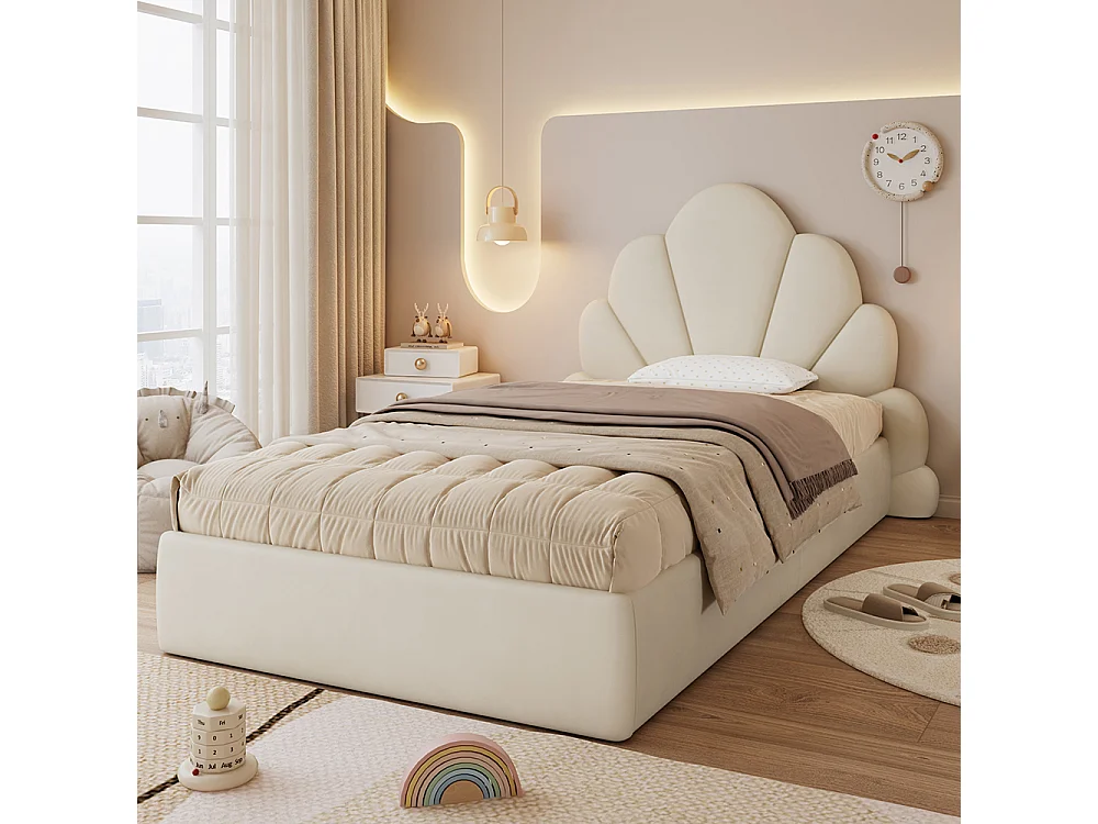 Lit simple 90x200 rembourré tête pétales velours beige