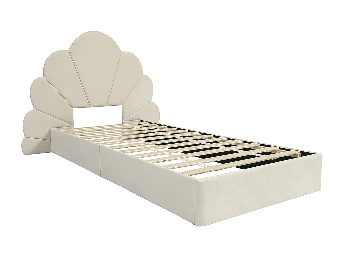 Lit simple 90x200 rembourré tête pétales velours beige