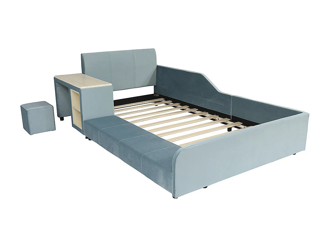 Lit enfant 90x200 rembourré bureau tabouret tête moelleuse velours bleu