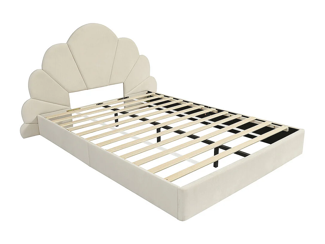 Lit double 140x200 rembourré tête pétales velours beige