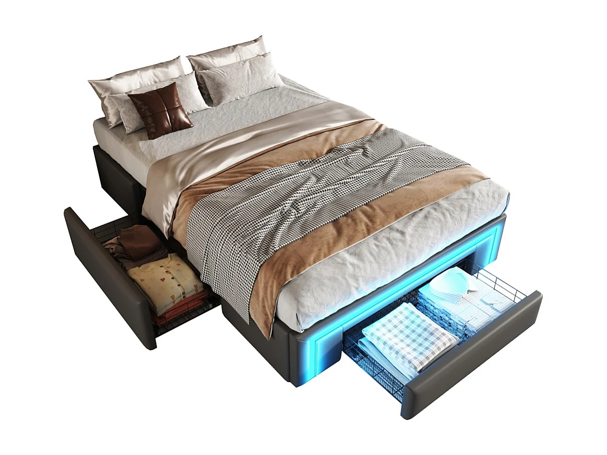 lit avec rangement 90x200 avec tiroirs lit en cuir PU sans tête de lit Avec bandeau lumineux LED sommier à lattes métalliques gris