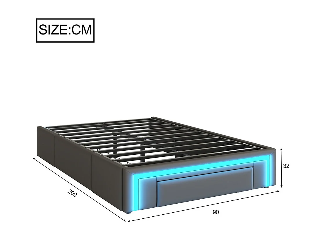 lit avec rangement 90x200 avec tiroirs lit en cuir PU sans tête de lit Avec bandeau lumineux LED sommier à lattes métalliques gris