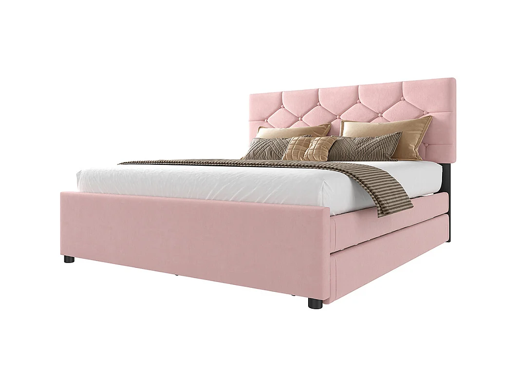 Lit gigogne rembourré 140x200 cm sommier à lattes tiroir à roulettes velours minimaliste rose sans matelas