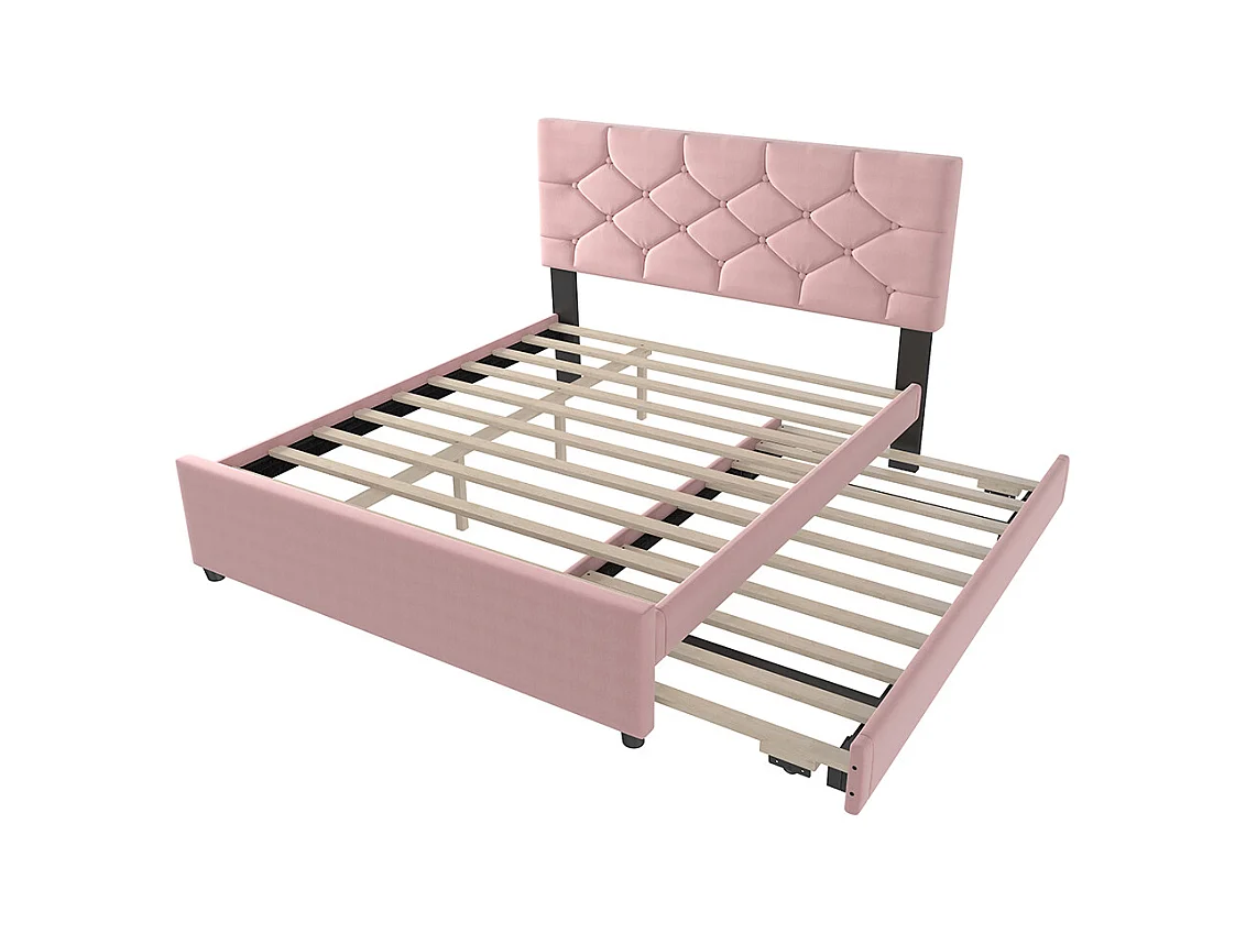 Lit gigogne rembourré 140x200 cm sommier à lattes tiroir à roulettes velours minimaliste rose sans matelas