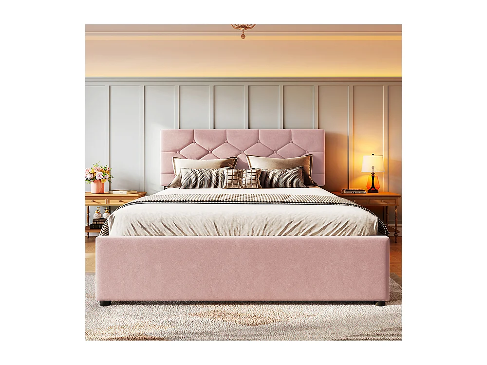 Lit gigogne rembourré 140x200 cm sommier à lattes tiroir à roulettes velours minimaliste rose sans matelas