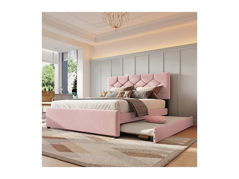 Lit gigogne rembourré 140x200 cm sommier à lattes tiroir à roulettes velours minimaliste rose sans matelas