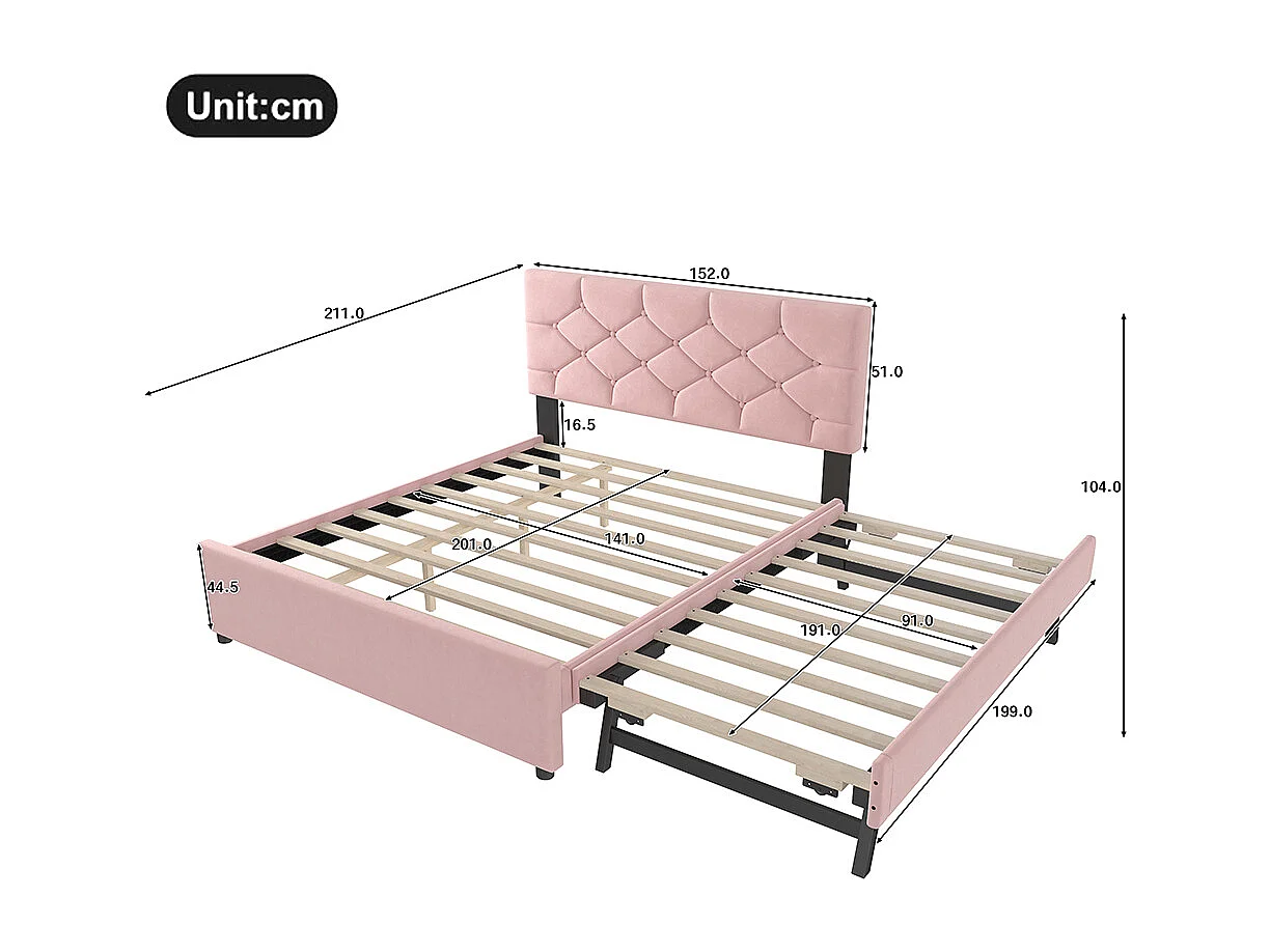 Lit gigogne rembourré 140x200 cm sommier à lattes tiroir à roulettes velours minimaliste rose sans matelas