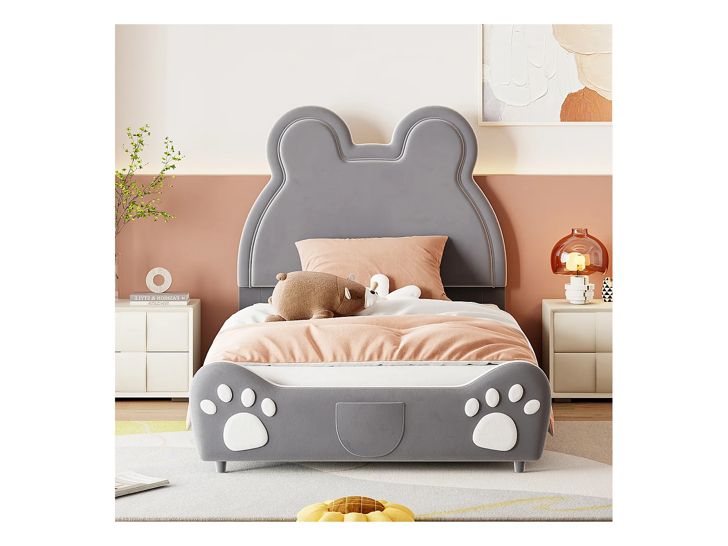 Cama tapizada de 90 x 200 cm con forma de oso, adorable cuna infantil en terciopelo suave, color gris.