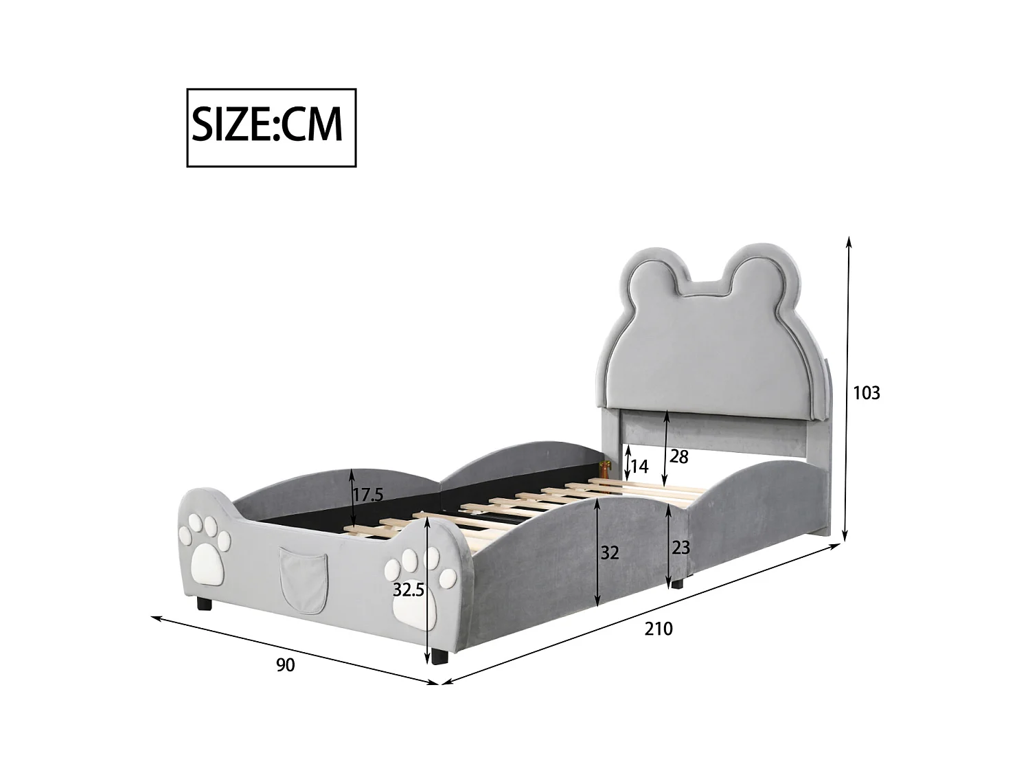 Cama tapizada de 90 x 200 cm con forma de oso, adorable cuna infantil en terciopelo suave, color gris.