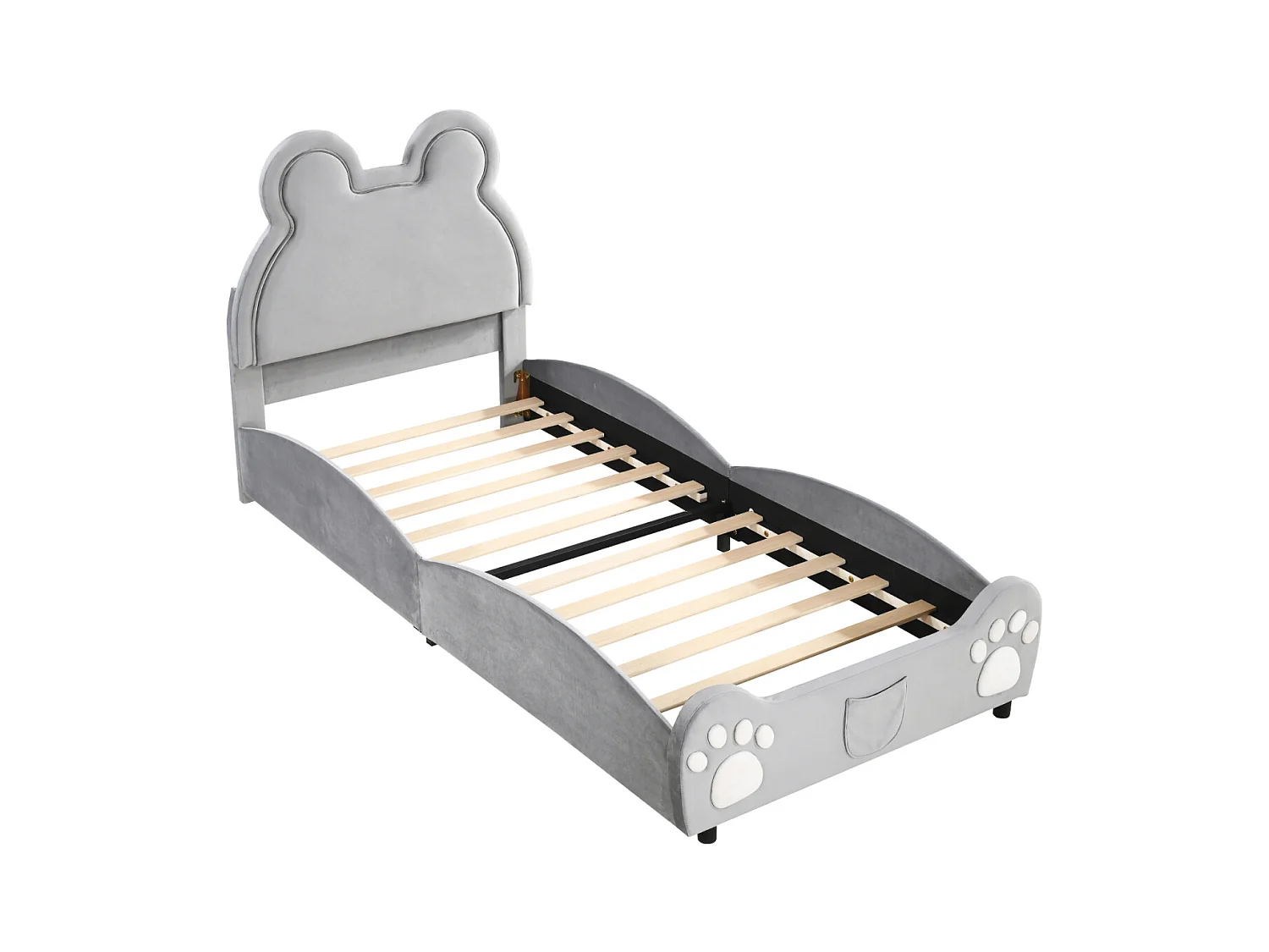 Cama tapizada de 90 x 200 cm con forma de oso, adorable cuna infantil en terciopelo suave, color gris.