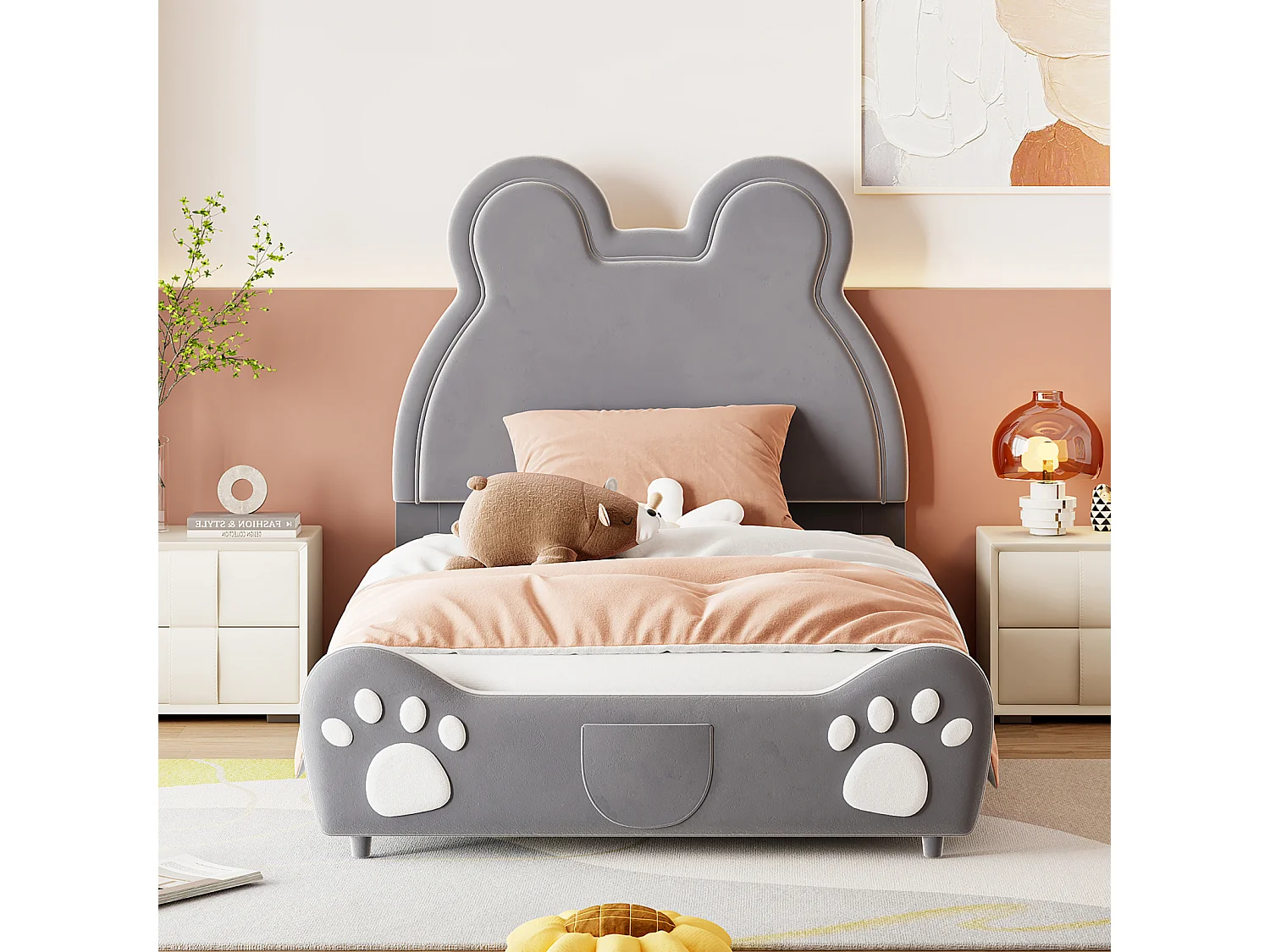 Cama tapizada de 90 x 200 cm con forma de oso, adorable cuna infantil en terciopelo suave, color gris.