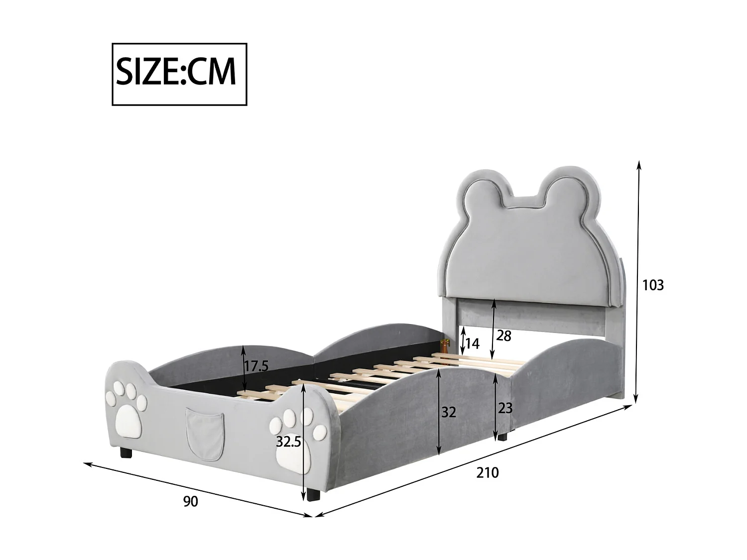 Cama tapizada de 90 x 200 cm con forma de oso, adorable cuna infantil en terciopelo suave, color gris.