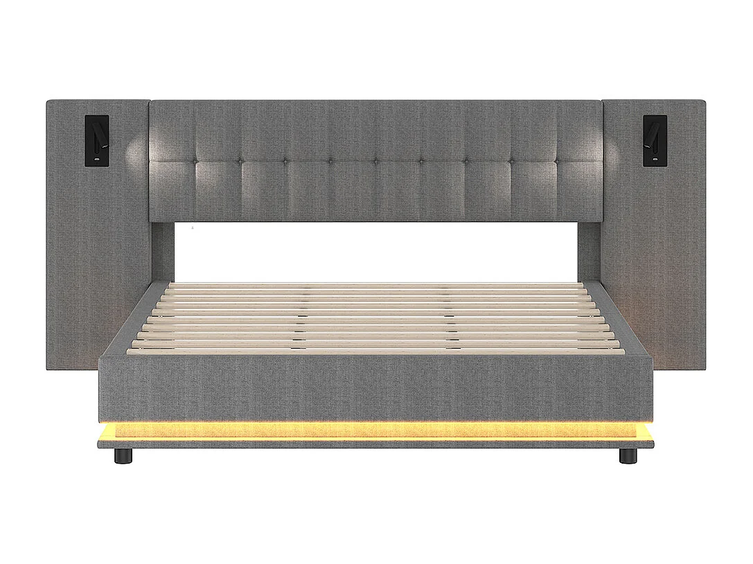 Lit double rembourré 180x200 cm bande LED tête de lit spot USB sans matelas lin gris