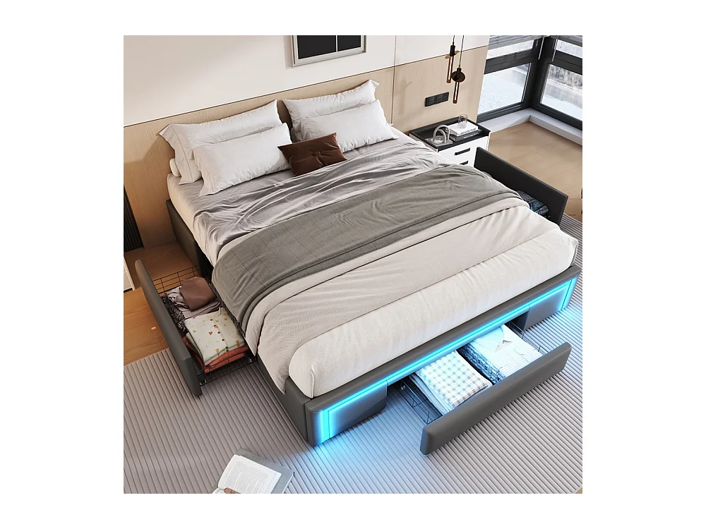 lit avec rangement 160x200 avec tiroirs lit en cuir PU sans tête de lit Avec bandeau lumineux LED sommier à lattes métalliques gris