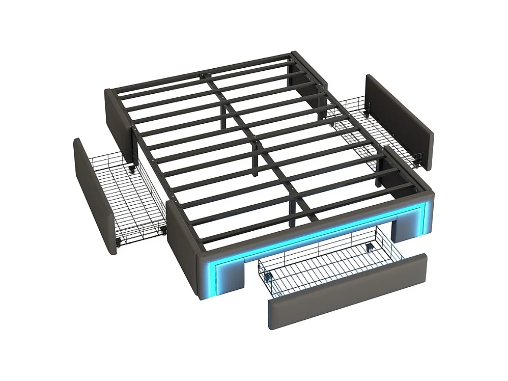 lit avec rangement 160x200 avec tiroirs lit en cuir PU sans tête de lit Avec bandeau lumineux LED sommier à lattes métalliques gris