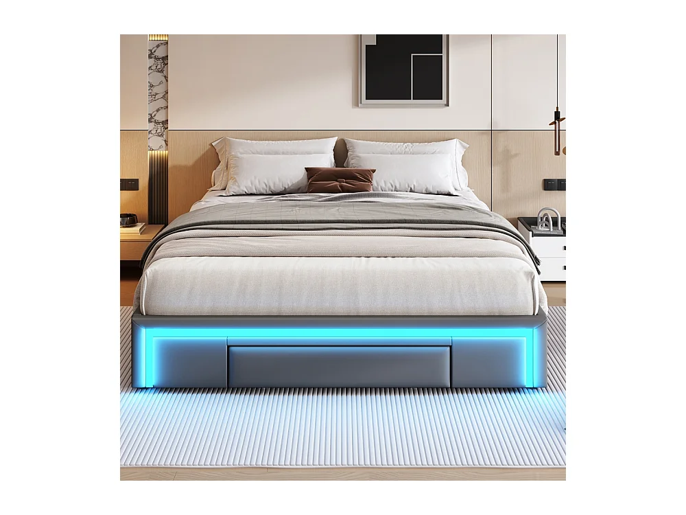 lit avec rangement 160x200 avec tiroirs lit en cuir PU sans tête de lit Avec bandeau lumineux LED sommier à lattes métalliques gris