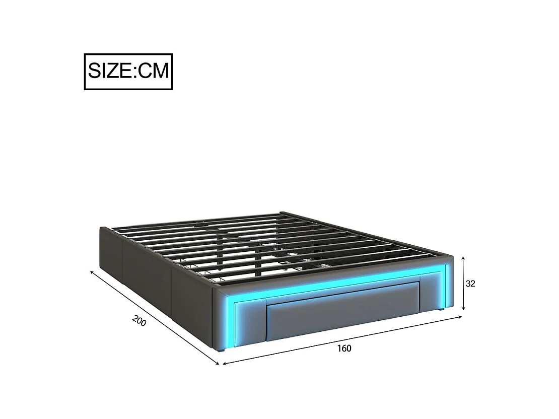 lit avec rangement 160x200 avec tiroirs lit en cuir PU sans tête de lit Avec bandeau lumineux LED sommier à lattes métalliques gris