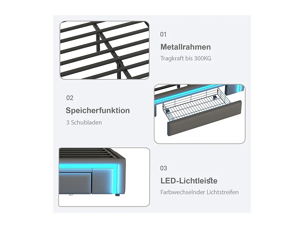 lit avec rangement 160x200 avec tiroirs lit en cuir PU sans tête de lit Avec bandeau lumineux LED sommier à lattes métalliques gris
