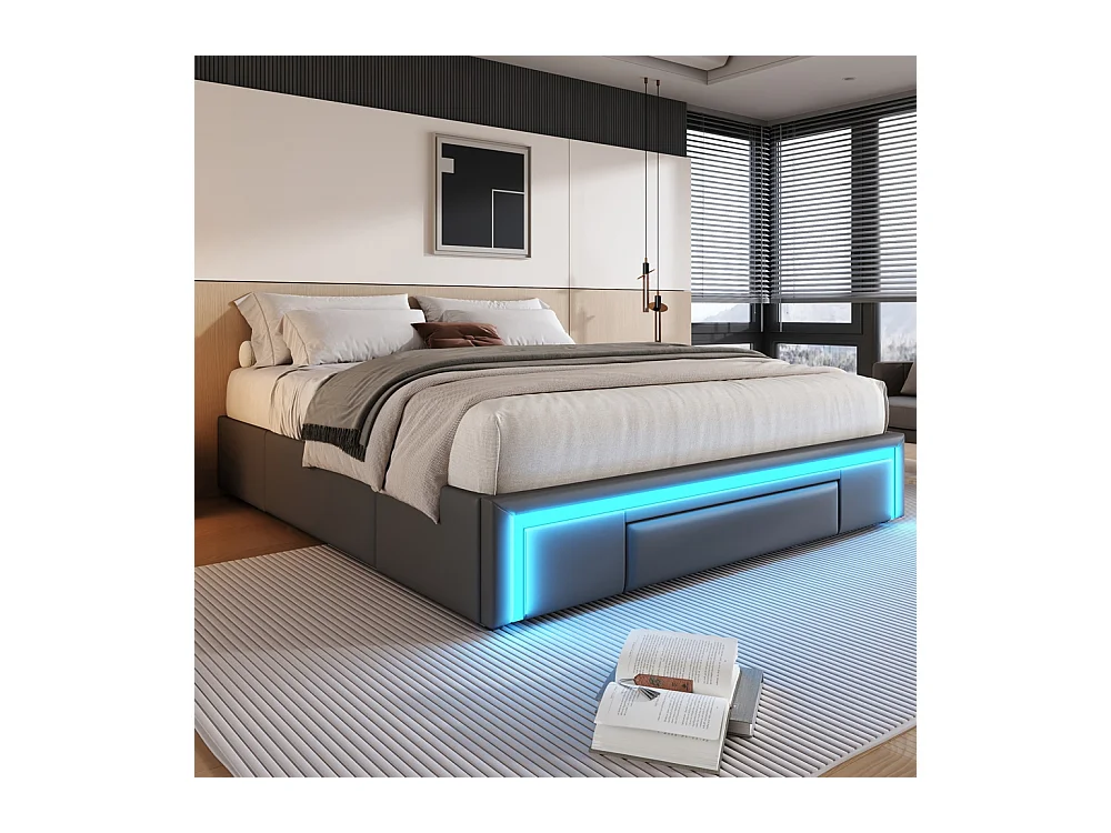 lit avec rangement 160x200 avec tiroirs lit en cuir PU sans tête de lit Avec bandeau lumineux LED sommier à lattes métalliques gris