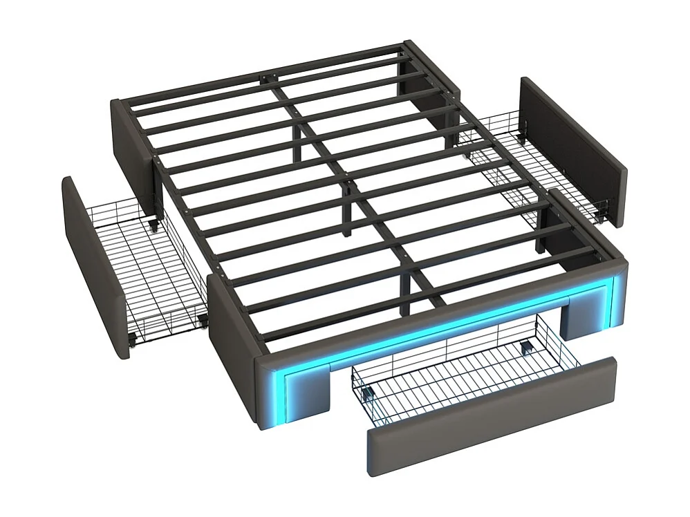 lit avec rangement 160x200 avec tiroirs lit en cuir PU sans tête de lit Avec bandeau lumineux LED sommier à lattes métalliques gris