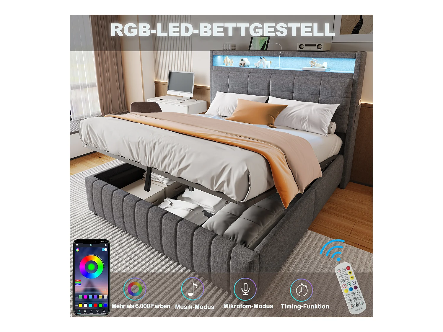 Cama Canapé 160x200 cm, con iluminación LED y puerto USB, con espacio de almacenaje, tejido de lino, color gris