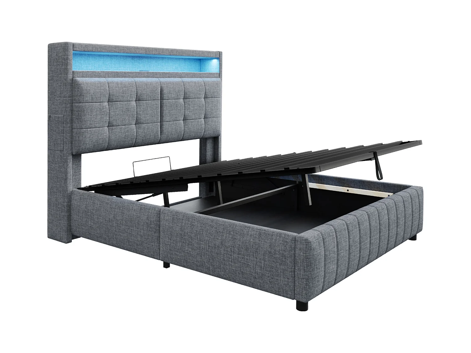 Cama Canapé 160x200 cm, con iluminación LED y puerto USB, con espacio de almacenaje, tejido de lino, color gris