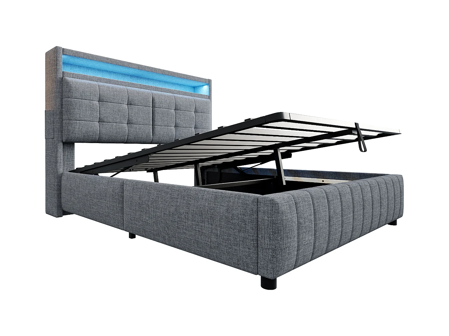 Cama Canapé 160x200 cm, con iluminación LED y puerto USB, con espacio de almacenaje, tejido de lino, color gris