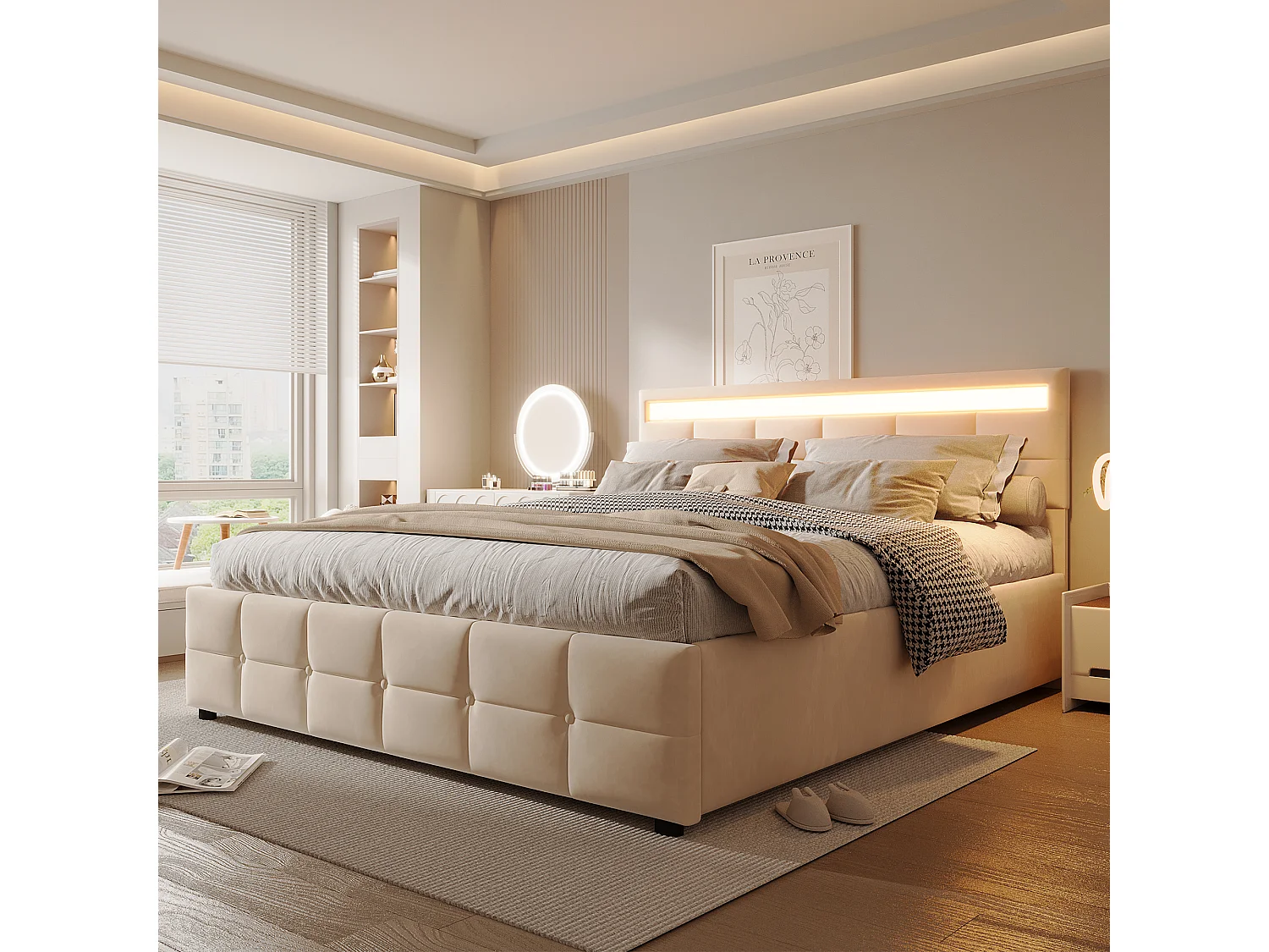 Cama doble 180 x 200 cm con espacio de almacenaje, cabecero LED, somier de láminas, beige