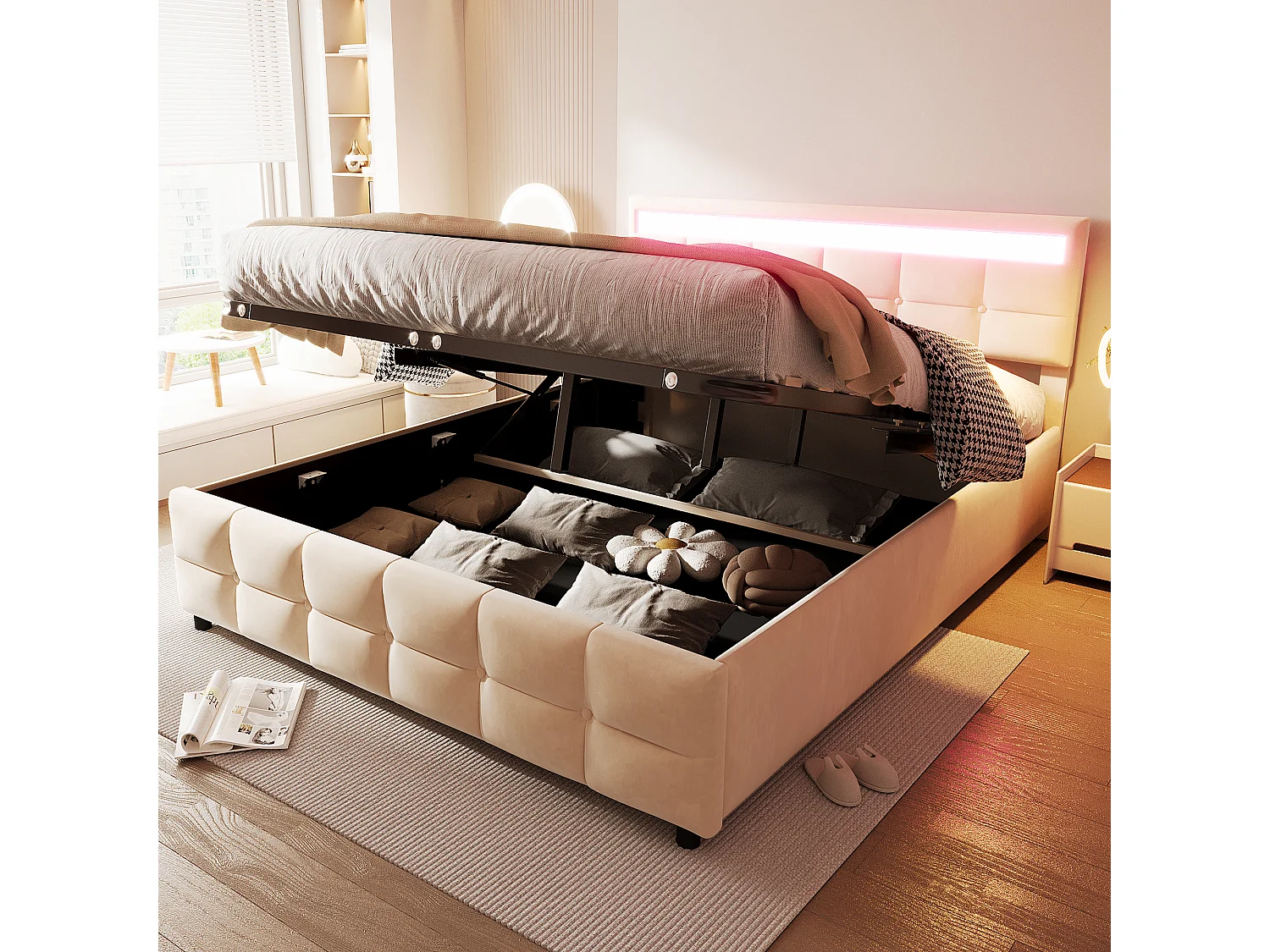 Cama doble 180 x 200 cm con espacio de almacenaje, cabecero LED, somier de láminas, beige