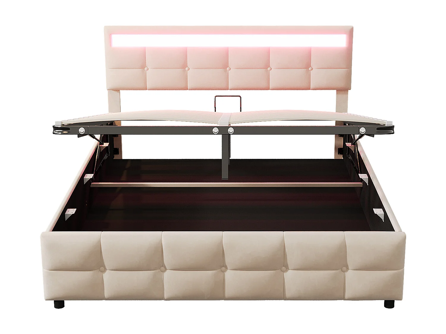 Cama doble 180 x 200 cm con espacio de almacenaje, cabecero LED, somier de láminas, beige