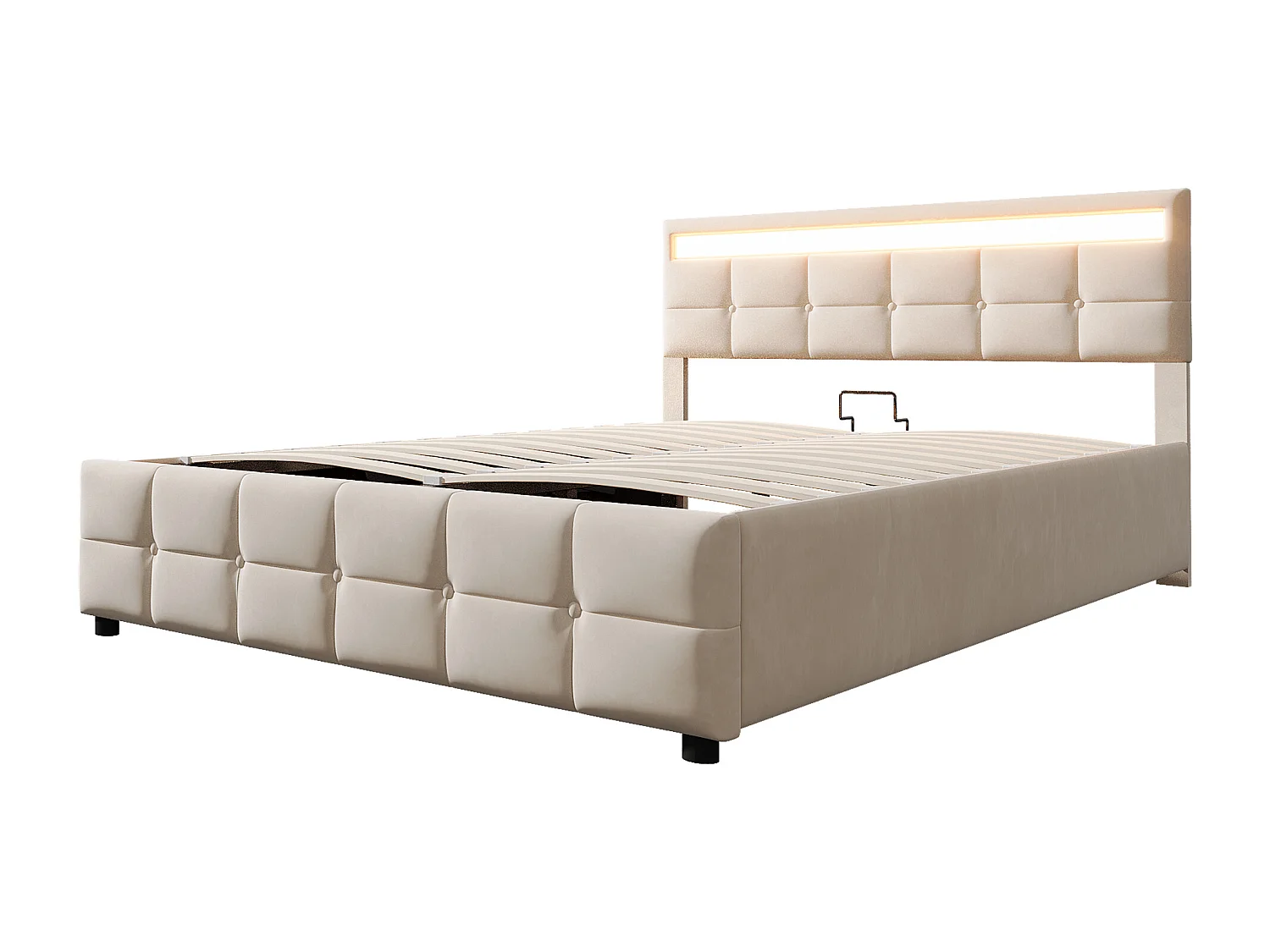 Cama doble 180 x 200 cm con espacio de almacenaje, cabecero LED, somier de láminas, beige