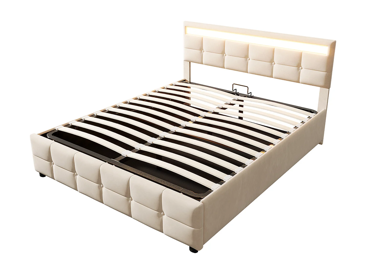 Cama doble 180 x 200 cm con espacio de almacenaje, cabecero LED, somier de láminas, beige