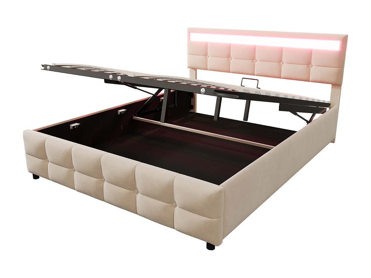 Cama doble 180 x 200 cm con espacio de almacenaje, cabecero LED, somier de láminas, beige