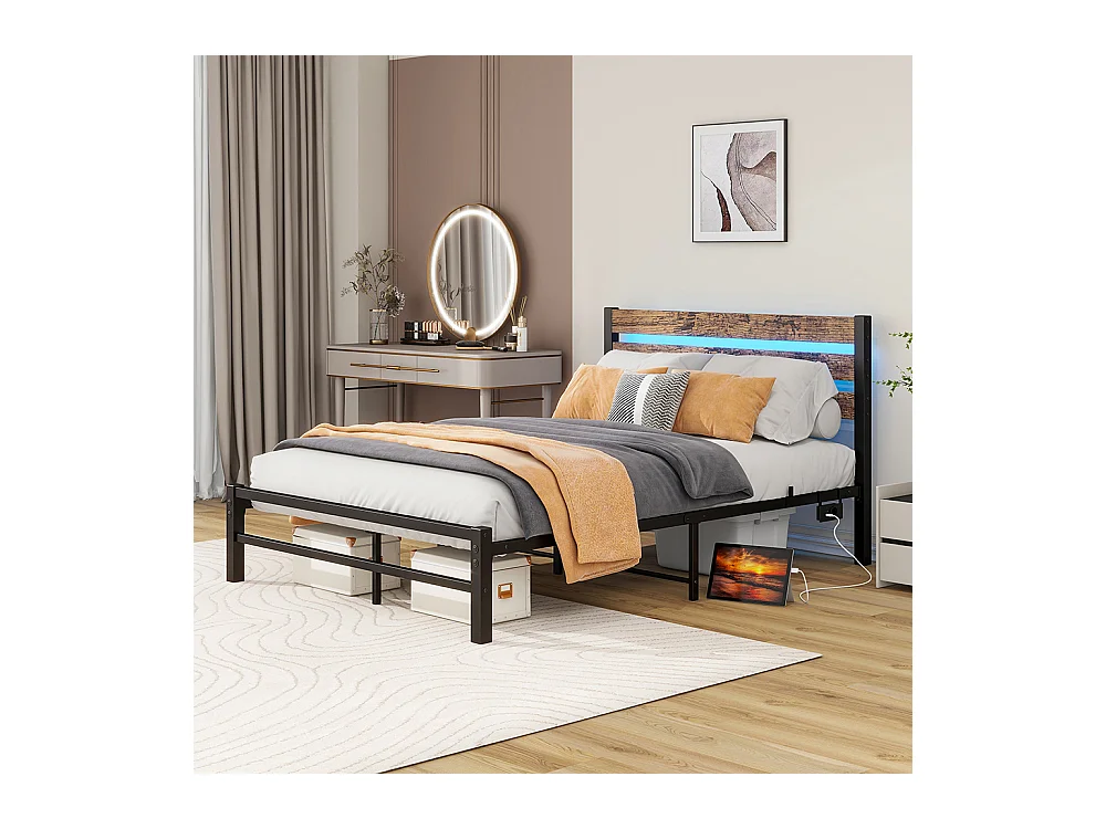 Lit adulte cadre 120x200 cm avec tête de lit métal station USB éclairage LED support acier robuste rangement sous lit silencieux montage facile noir