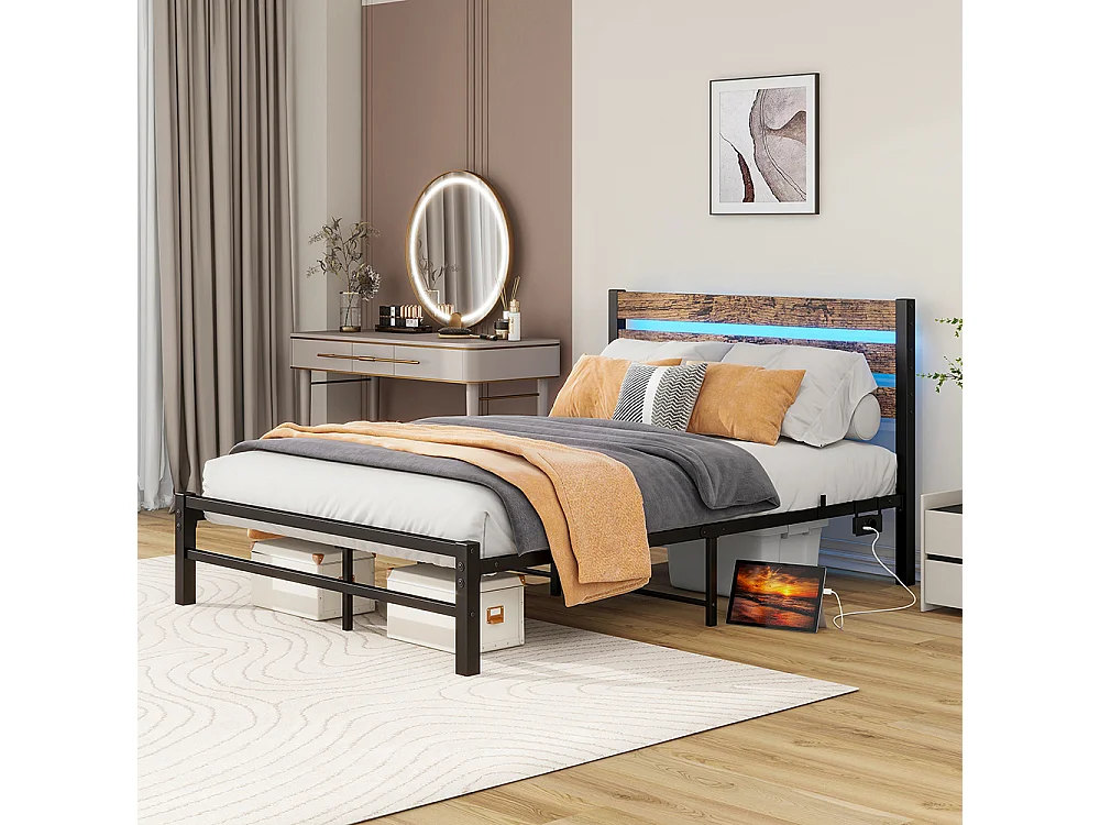 Lit adulte cadre 120x200 cm avec tête de lit métal station USB éclairage LED support acier robuste rangement sous lit silencieux montage facile noir
