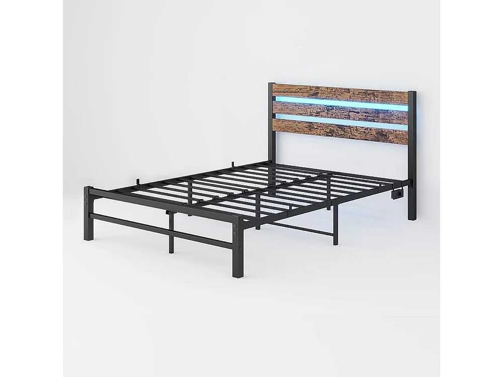 Lit adulte cadre 120x200 cm avec tête de lit métal station USB éclairage LED support acier robuste rangement sous lit silencieux montage facile noir