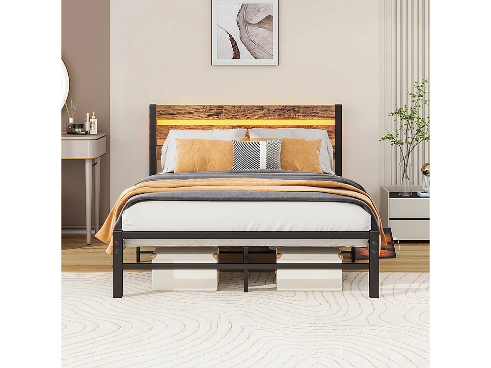 Lit adulte cadre 120x200 cm avec tête de lit métal station USB éclairage LED support acier robuste rangement sous lit silencieux montage facile noir