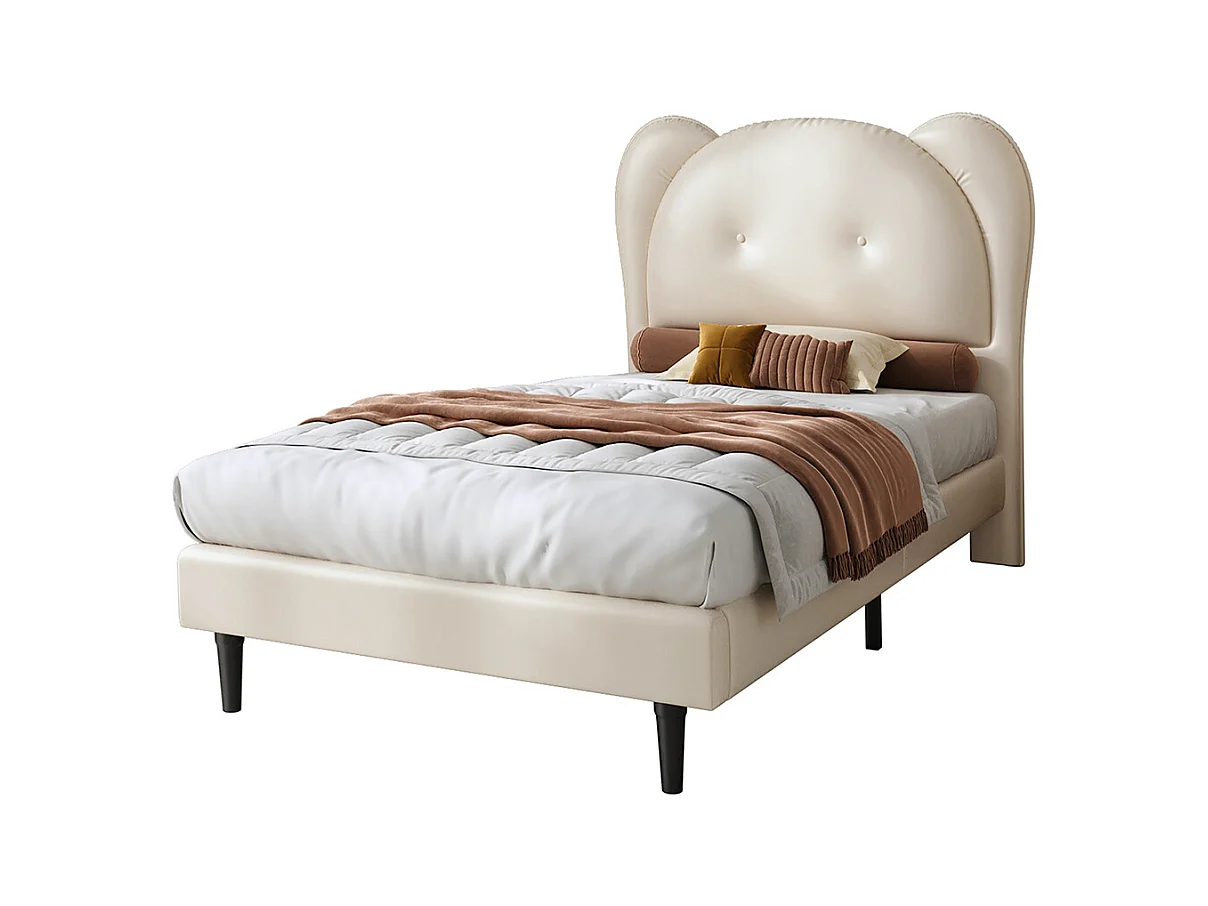 Lit enfant rembourré 90x200 tête de lit en forme danimal sommier lattes stable structure en fer PU beige