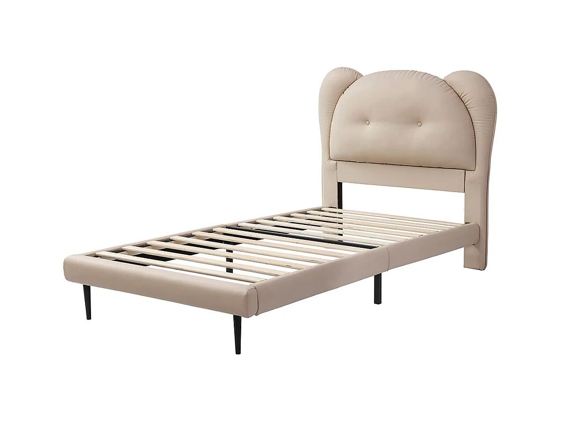 Lit enfant rembourré 90x200 tête de lit en forme danimal sommier lattes stable structure en fer PU beige