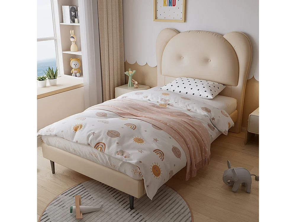 Lit enfant rembourré 90x200 tête de lit en forme danimal sommier lattes stable structure en fer PU beige